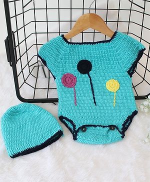 Woonie Half Sleeves Crochet Self Designed & Floral Applique Detailed Onesie With Cap - Blue