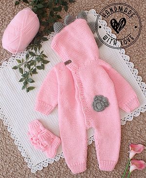 Woonie Full Sleeves Hand Knitted Dinosaur Designed Hooded Jumpsuit With Coordinating Socks - Pink