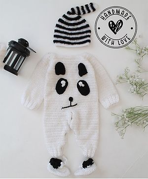 Woonie Full Sleeves Crochet Panda Designed Romper With Coordinating Booties & Striped Cap - White