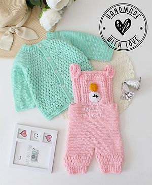 Woonie Crochet Animal Designed Dungaree With Full Sleeves Solid Sweater - Pink