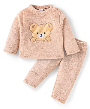 Babyhug Velour Knit Full Sleeves Winter Wear Night Suit with Bear Patch - Tan