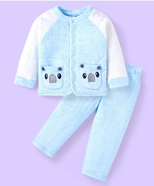 Babyhug Velour Knit Full Raglan Sleeves Winter Wear Night Suit with Pockets & Koala Patch - Light Blue