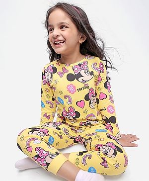 Babyhug Disney Single Jersey Knit Full Sleeves Minnie Mouse Printed Night Suit - Yellow