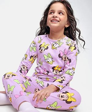 Babyhug Disney Single Jersey Knit Full Sleeves Minnie Mouse Printed Night Suit - Pink