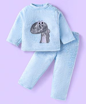Babyhug Velour Knit Full Sleeves Winter Night Suit With Dino Print - Light Blue