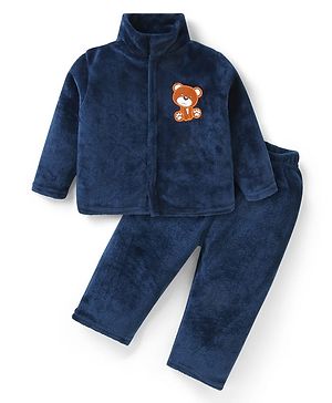 Babyhug Velour Knit Full Sleeves Front Open Winter Night Suit With Bear Embroidery - Navy Blue