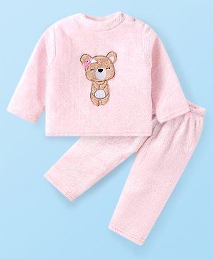 Babyhug Velour Knit Full Sleeves Winter Night Suit With Teddy Bear Print - Pink