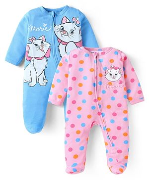 Babyhug Disney Interlock Knit Full Sleeves Footed Sleep Suits With Aristocats Marie Graphics Pack Of 2 - Blue & Pink