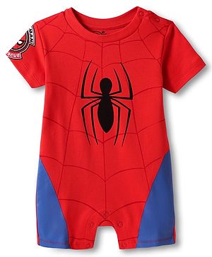 Babyhug Marvel Interlock Knit Half Sleeves Romper With Spider-Man Graphics - Red & Blue