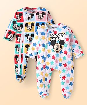 Babyhug Disney Interlock Knit Full Sleeves Footed Sleep Suit with Mickey Mouse & Friends Graphics Pack of 2 - White & Blue