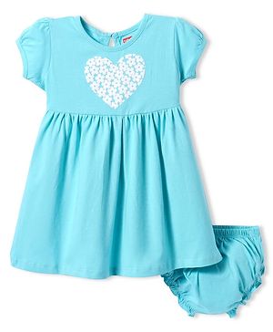 Babyhug Single Jersey Knit Half Sleeves Frock With Floral Print & Bloomer - Light Blue