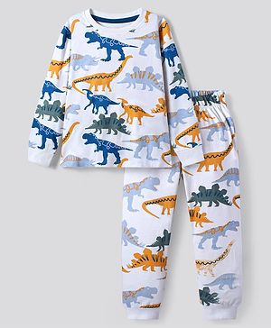 Primo Gino  100% Cotton Knit Full Sleeves Night Suit with Dino Print - White