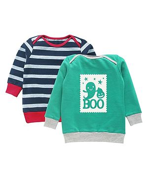 Kadam Baby Halloween Theme Cotton Pack Of 2 Full Sleeves Striped & Boo Text Printed Sweatshirts - Black & Green