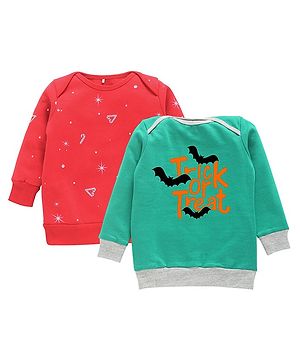 Kadam Baby Halloween Theme Pack Of 2 Cotton Sparkle & Trick Or Treat Text Printed Sweatshirts - Green & Red