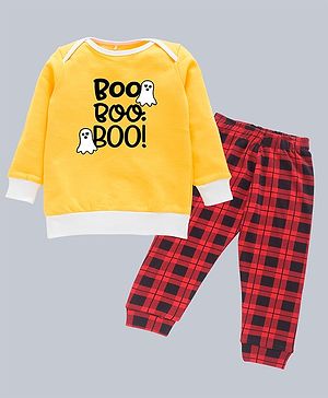 Kadam Baby Cotton Halloween Theme Full Sleeves Boo Boo Boo Text Printed Sweatshirt With Checked Pajama Set - Yellow