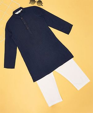 Indus Route by Pantaloons Cotton Full Sleeves Solid Kurta & Pyjama Set - Navy