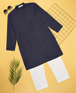 Indus Route by Pantaloons Full Sleeves Printed Kurta & Pyjama Set - Navy