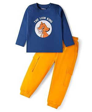 Babyhug Disney Single Jersey Knit Full Sleeves T-Shirt & Lounge Pant Set With Lion King Graphics - Navy Blue & Yellow