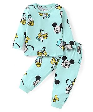 Babyhug Disney Single Jersey Knit Full Sleeves Night Suit with Mickey Mouse Print - Aqua Blue
