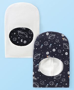 Babyhug Knitted  Reversible Monkey Cap Space Theme Print - Navy Blue & White