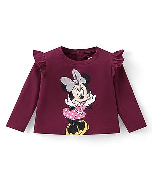 Babyhug Disney Single Jersey Knit Full Sleeves Top With Minnie Mouse Graphics and Frill Detailing - Maroon