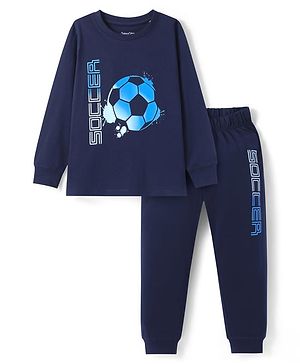 Primo Gino Cotton Knit Full Sleeves Night Suit With Soccer Print - Navy Blue