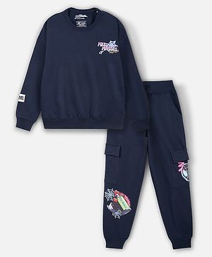 Nap Chief Pure Cotton Full Sleeves Spider Man Graffiti Sticker Printed Oversized Sweatshirt & Cargo Joggers Set - Navy Blue