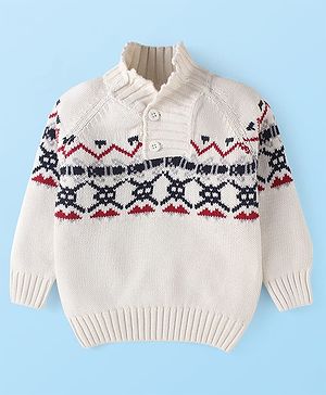 Babyhug Cotton Knitted Full Sleeves Pullover Sweater With Aztec Design - White