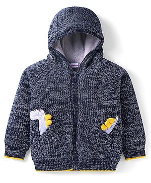 Babyhug Cotton Knit Full Raglan Sleeves Hooded Sweater with Dino Applique - Navy Blue