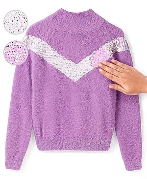 Babyhug Cotton Knit Full Sleeves High Neck Sweater with Reversible Sequins - Purple