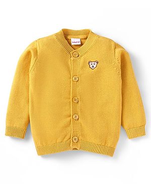 Babyhug Cotton Knitted Full Sleeves Front Open Sweater With Bear Embroidery - Yellow