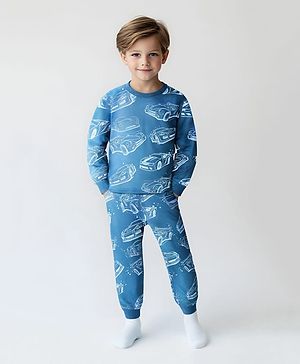 Primo Gino 100% Cotton Knit Full  Sleeves Night Suit with Car Print - Blue