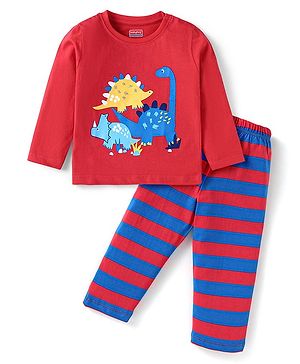 Babyhug Cotton Knit Full Sleeves Night Suit With Stripes & Dinosaurs Print - Red & Navy