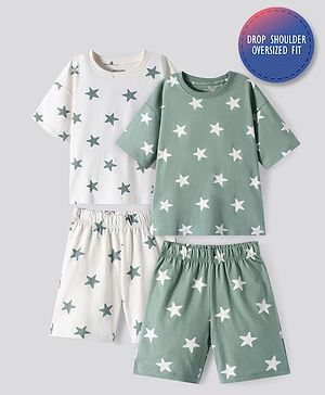 Primo Gino Cotton Knit Half Sleeves Night Suits With Star Print Pack of 2 - Off White & Green