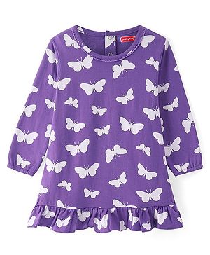 Babyhug Cotton Knit Full Sleeves Butterfly Printed Nighty - Violet