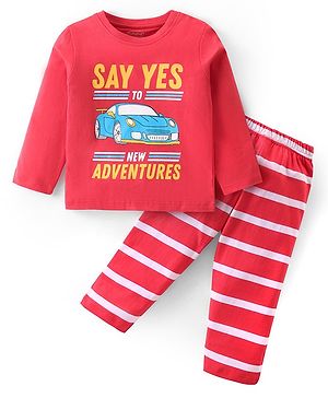 Babyhug Cotton Knit Full Sleeves Night Suit With Stripes & Car Print - Red