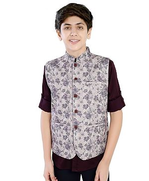 Charchit Full Sleeves Solid Shirt With Floral Printed Nehru Jacket Set - Violet