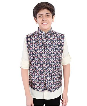 Charchit Full Sleeves Solid Shirt With Floral Motif Printed Nehru Jacket Set - Navy Blue