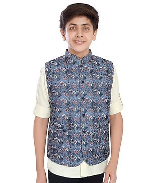 Charchit Full Sleeves Solid Shirt With Floral Printed Nehru Jacket Set - Blue