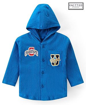 Babyhug Cotton Knit Full Sleeves Hooded Shirt with Text Embroidery - Blue