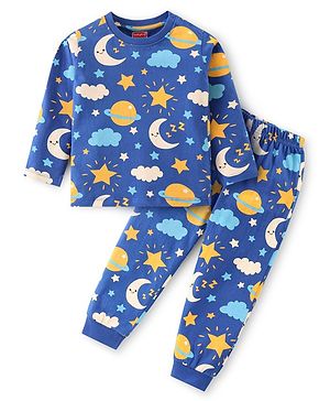 Babyhug Cotton Knit Full Sleeves Round Neck Space Theme Printed Night Suit - Navy Blue