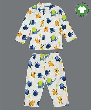 The Boo Boo Club Cotton Knit Full Sleeves Tiger & Elephant Printed Coordinating Night Suit Set - White