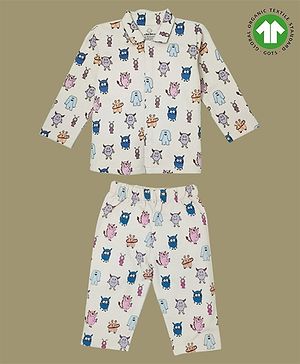 The Boo Boo Club Cotton Knit Full Sleeves Monsters Printed Coordinating Night Suit Set - Grey