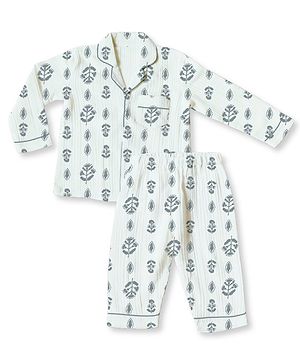 The Boo Boo Club Organic Cotton Knit Full Sleeves Floral Printed Coordinating Night Suit Set - White & Blue