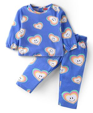 Babyhug Cotton Knit Full Sleeves Night Suit Set with Heart Print - Light Blue