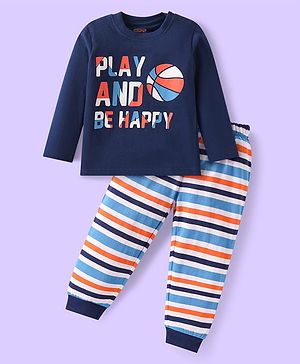 Babyhug Cotton Knit Full Sleeves Night Suit with Text Print & Stripes - Navy Blue