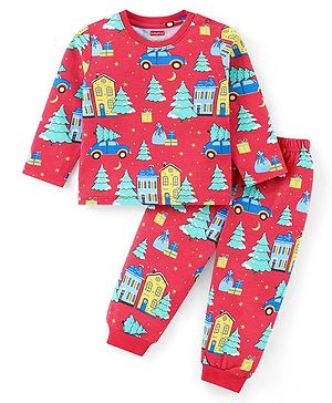Babyhug Cotton Knit Full Sleeves Night Suit With Cars Print - Red