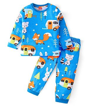 Babyhug Cotton Knit Full Sleeves Night Suit With Animals & Vehicles Print - Blue