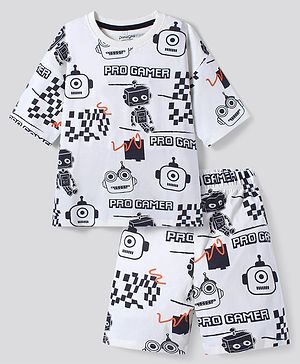 Primo Gino  100% Cotton Knit Half Sleeves Robot Printed Shorts Set- Off White