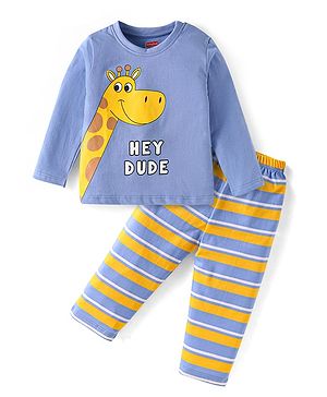 Babyhug Cotton Knit Full Sleeves Night Suit With Giraffe Print - Royal Blue